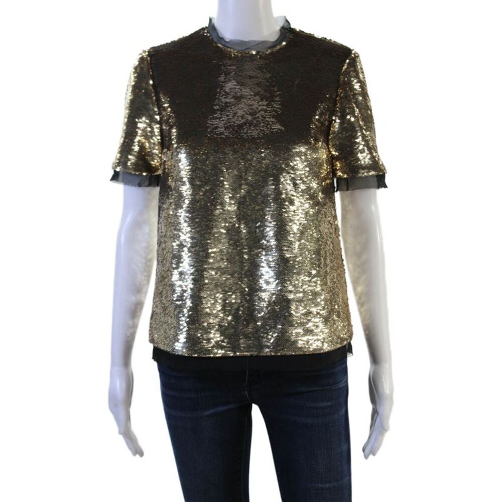 Rachel Zoe Womens Sequin Crew Neck Short Sleeve Blouse Black Size 0